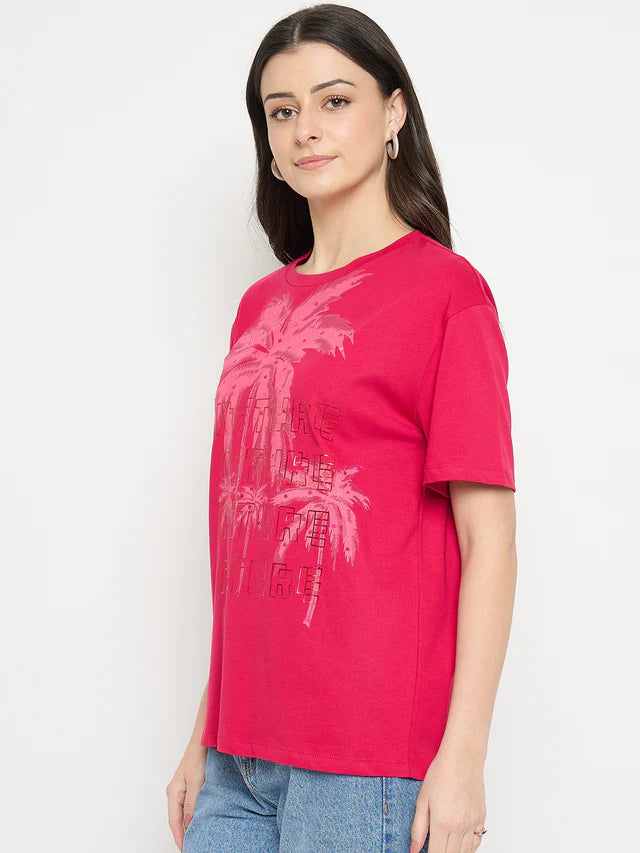 MADAME Hot Pink Cotton Printed T-Shirt