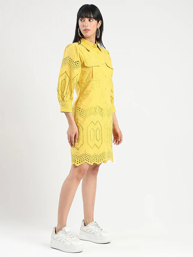 MADAME Schiffli Mustard Yellow Midi Shirt Dress