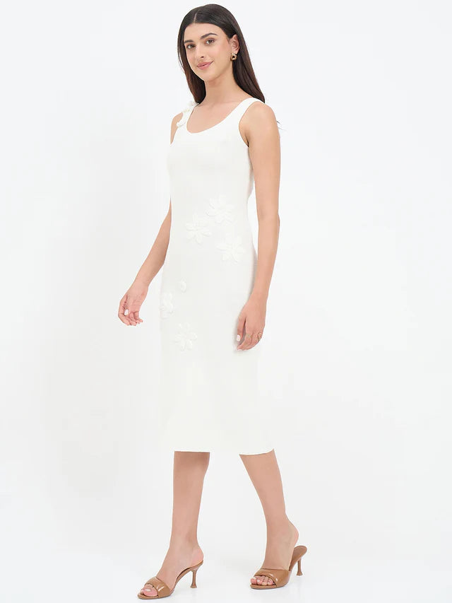 MADAME White Floral Knit Cotton Midi Dress