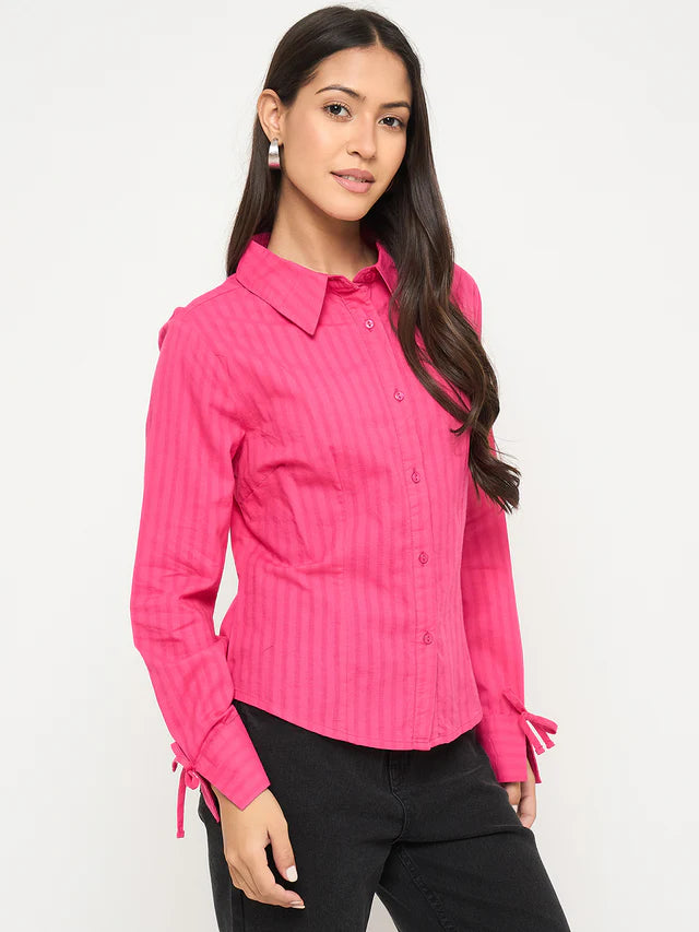MADAME Tie-Cuff Detail Striped Hot Pink Cotton Shirt