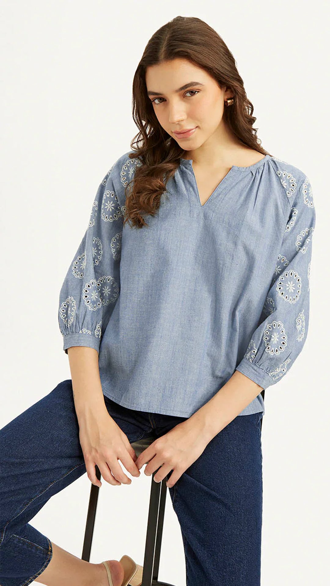 Levi's Women's Embroidered Blue Round Neck Top