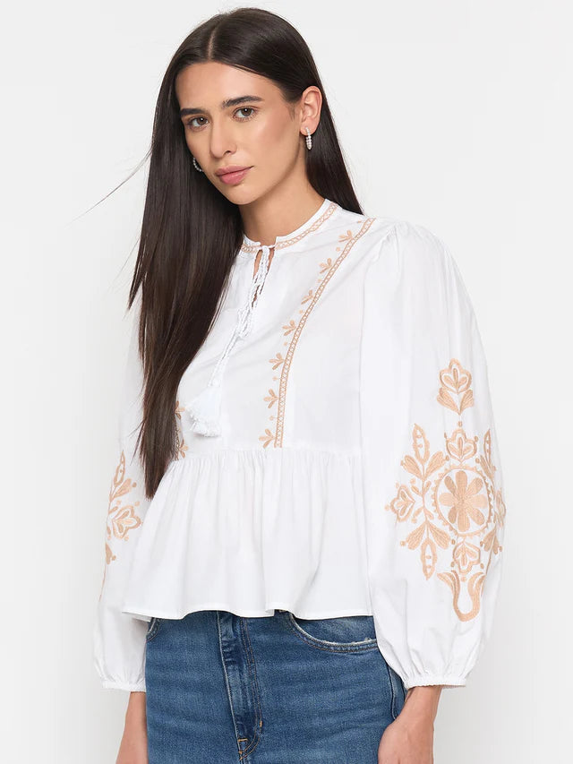 MADAME White Cotton Embroidered Top