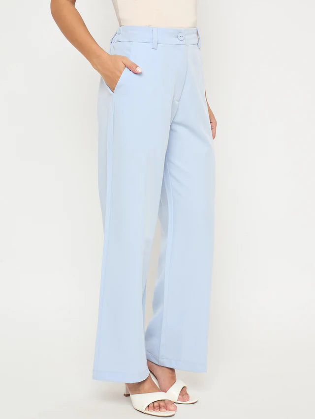 MADAME Solid Sky Blue Straight Fit Trousers