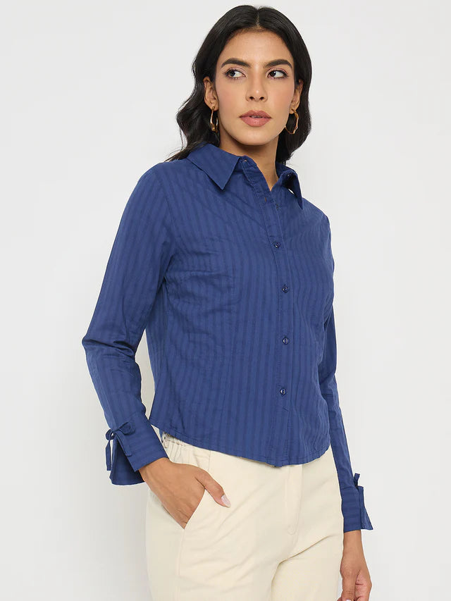 MADAME Striped Solid Navy Cotton Shirt
