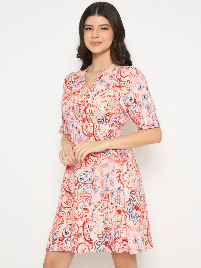 MADAME Paisley Print Elasticated Waist Red Cotton Dress