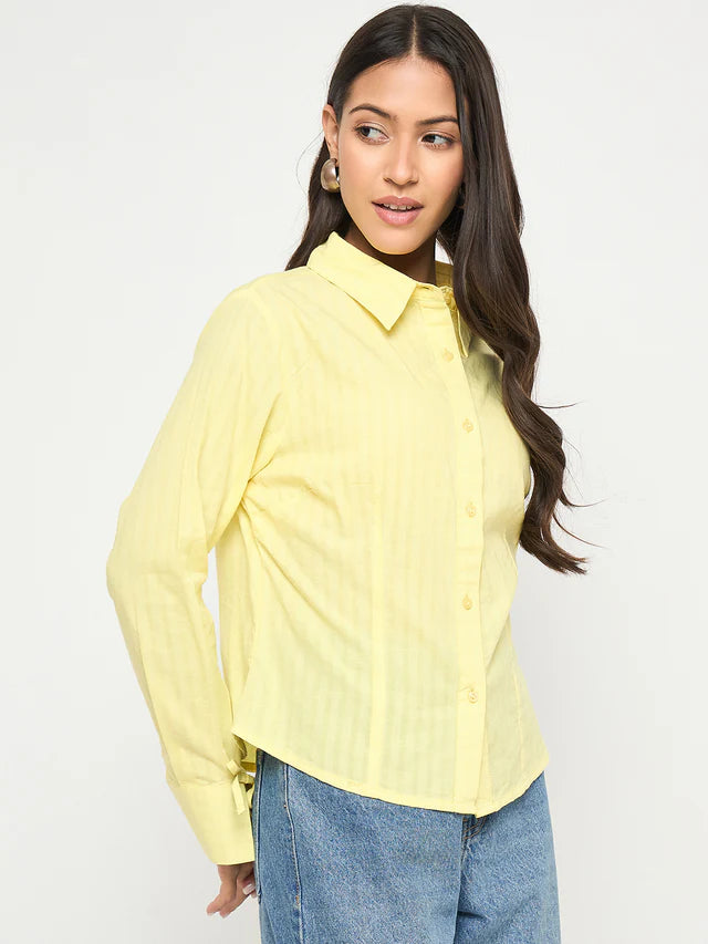 MADAME Tie-Cuff Detail Striped Yellow Cotton Shirt