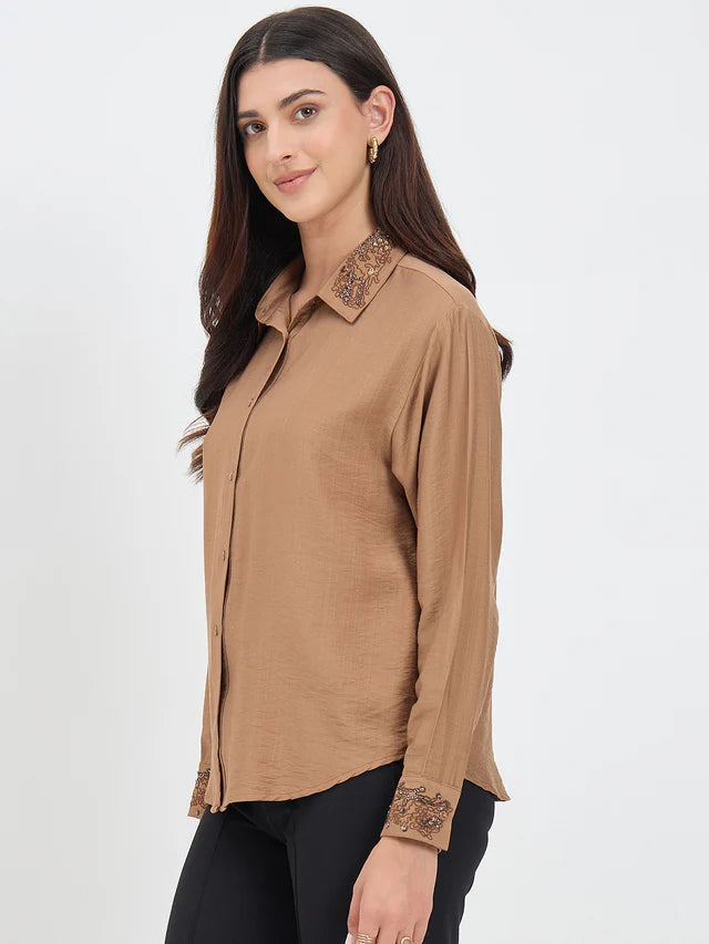 MADAME Solid Brown Rayon Blend Shirt