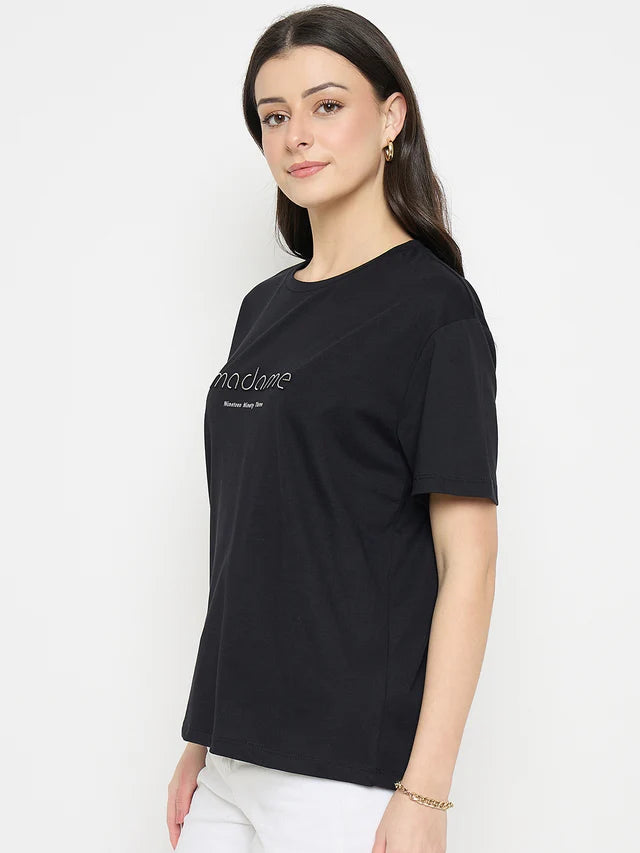 MADAME Black Cotton Printed T-Shirt