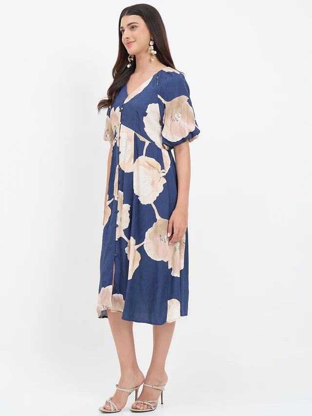 MADAME Navy Blue Floral Printed Dress