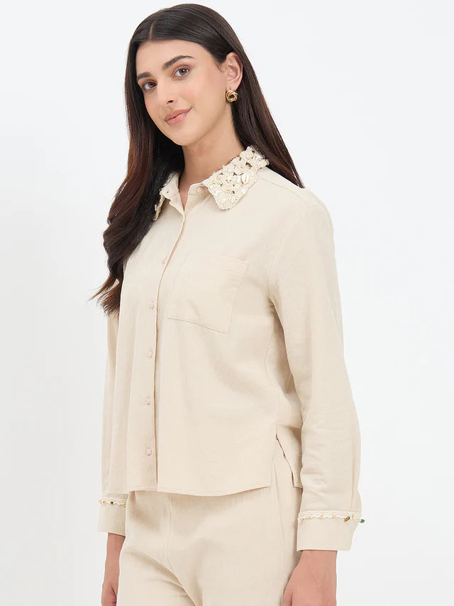 MADAME Collar Embellished Beige Cotton Shirt