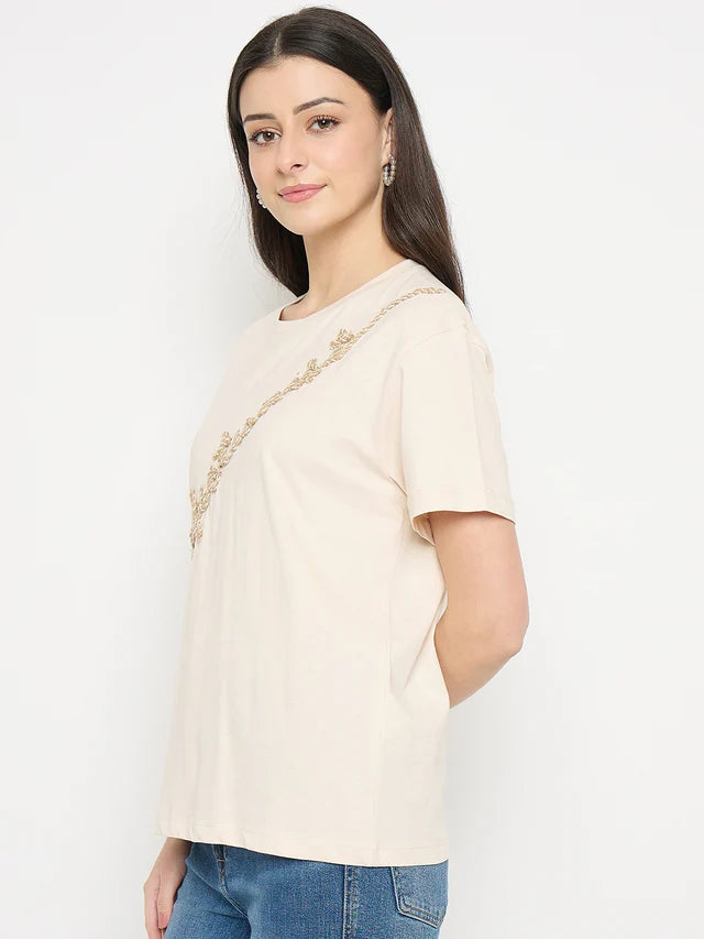 MADAME Beige Cotton Printed T-Shirt