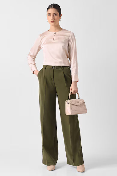 VAN HEUSEN Women Olive Solid Formal Trousers