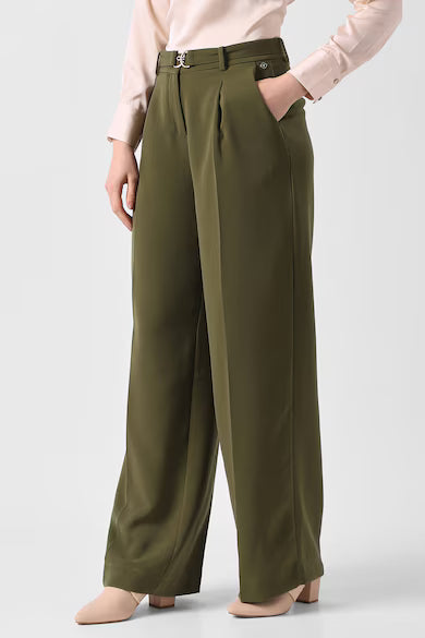 VAN HEUSEN Women Olive Solid Formal Trousers