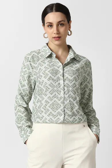 VAN HEUSEN Women Green Print Long Sleeves Formal Shirt Top