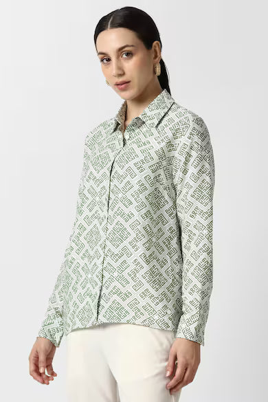 VAN HEUSEN Women Green Print Long Sleeves Formal Shirt Top