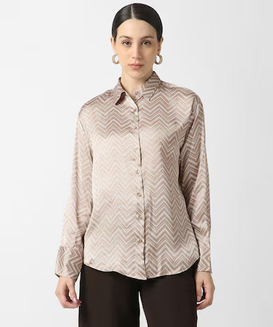 VAN HEUSEN Women Beige Check Long Sleeves Formal Shirt Top