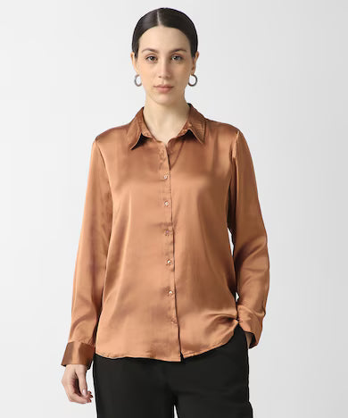 VAN HEUSEN Women Brown Solid Long Sleeves Formal Shirt Top