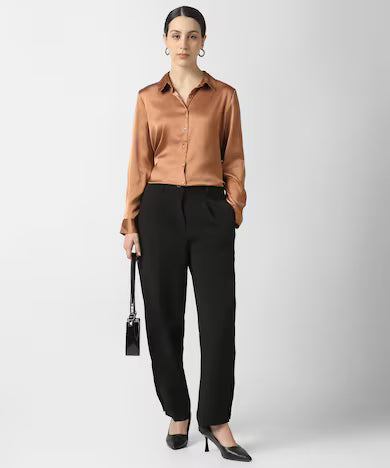VAN HEUSEN Women Brown Solid Long Sleeves Formal Shirt Top