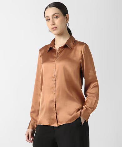 VAN HEUSEN Women Brown Solid Long Sleeves Formal Shirt Top