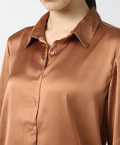 VAN HEUSEN Women Brown Solid Long Sleeves Formal Shirt Top