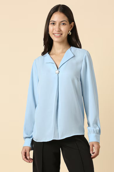ALLEN SOLLY Women Light Blue Solid Formal Top