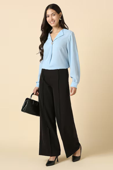 ALLEN SOLLY Women Light Blue Solid Formal Top