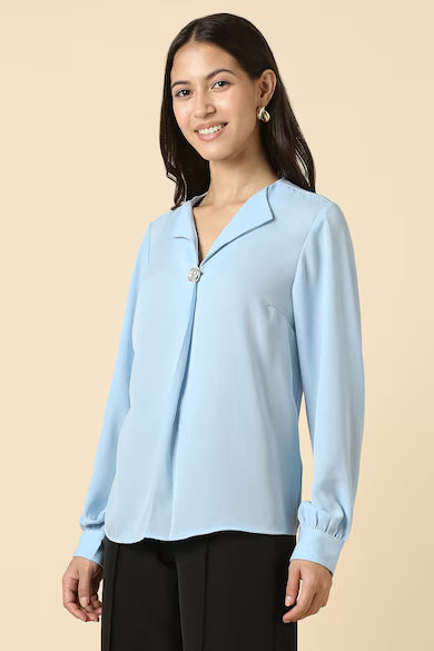 ALLEN SOLLY Women Light Blue Solid Formal Top