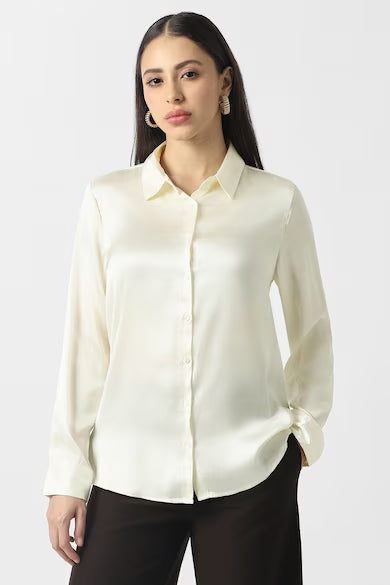 VAN HEUSEN Women Beige Solid Long Sleeves Formal Shirt Top