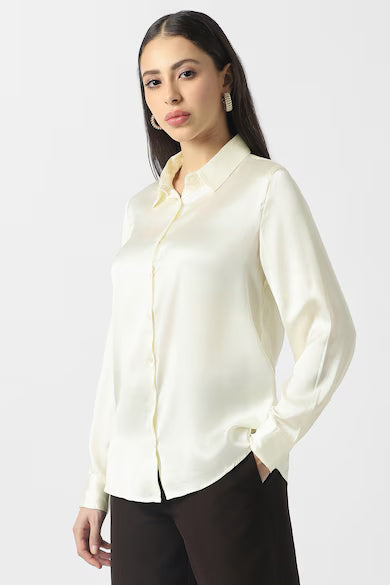 VAN HEUSEN Women Beige Solid Long Sleeves Formal Shirt Top