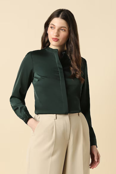 ALLEN SOLLY Women Green Solid Long Sleeves Shirt