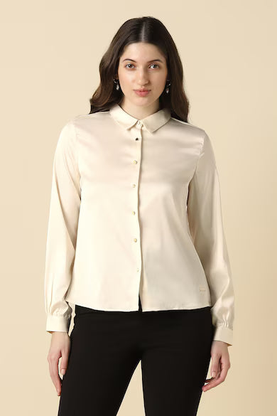 ALLEN SOLLY Women Beige Solid Long Sleeves Shirt