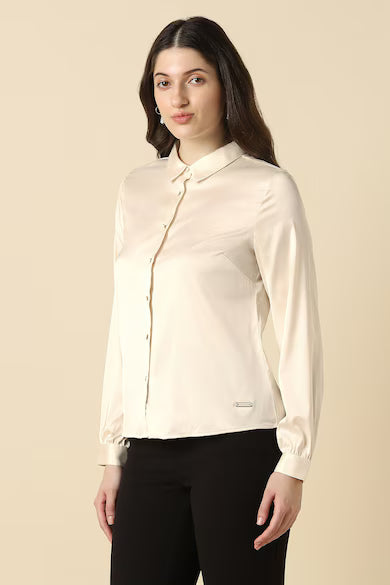 ALLEN SOLLY Women Beige Solid Long Sleeves Shirt