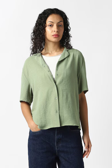 VAN HEUSEN Women Green Solid Short Sleeves Formal Shirt Top