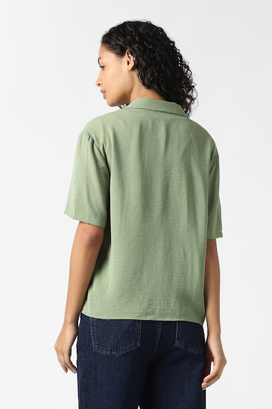 VAN HEUSEN Women Green Solid Short Sleeves Formal Shirt Top