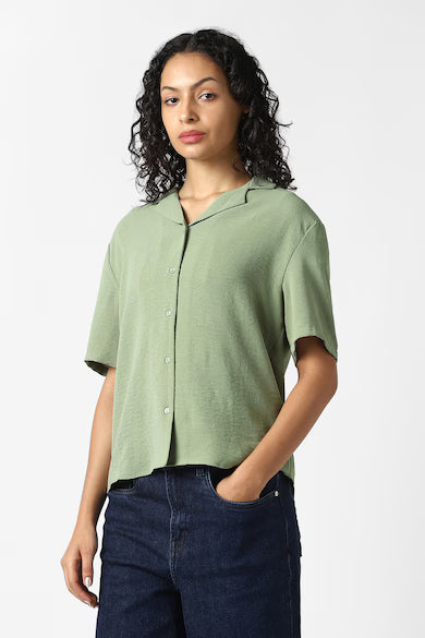 VAN HEUSEN Women Green Solid Short Sleeves Formal Shirt Top