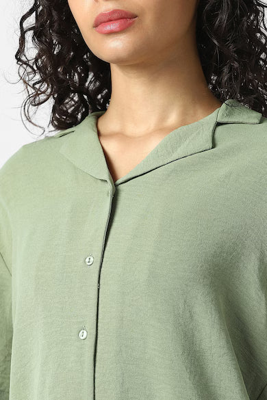 VAN HEUSEN Women Green Solid Short Sleeves Formal Shirt Top