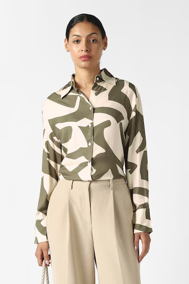 VAN HEUSEN Women Beige Print Long Sleeves Formal Shirt Top