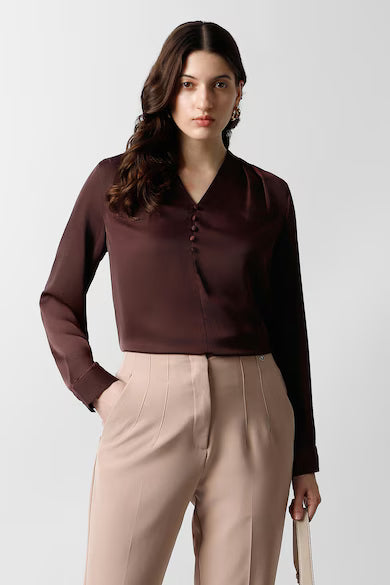 VAN HEUSEN Women Brown Solid Formal V Neck Top