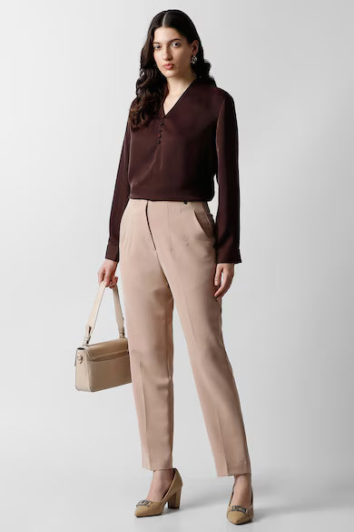 VAN HEUSEN Women Brown Solid Formal V Neck Top