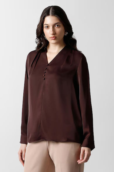 VAN HEUSEN Women Brown Solid Formal V Neck Top