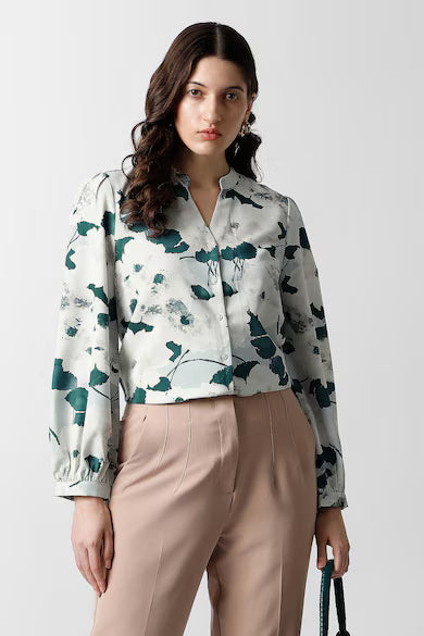 VAN HEUSEN Women White Print Long Sleeves Formal Shirt Top