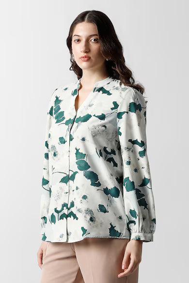 VAN HEUSEN Women White Print Long Sleeves Formal Shirt Top