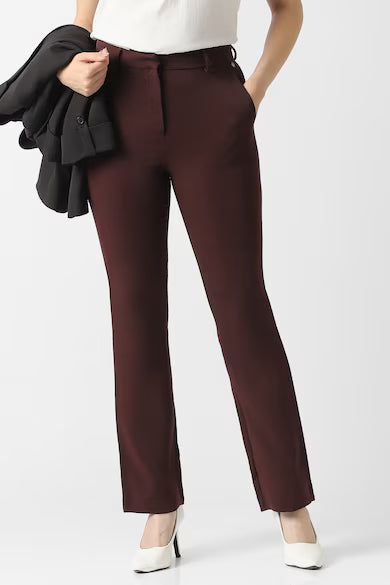 VAN HEUSEN Women Maroon Solid Formal Trousers