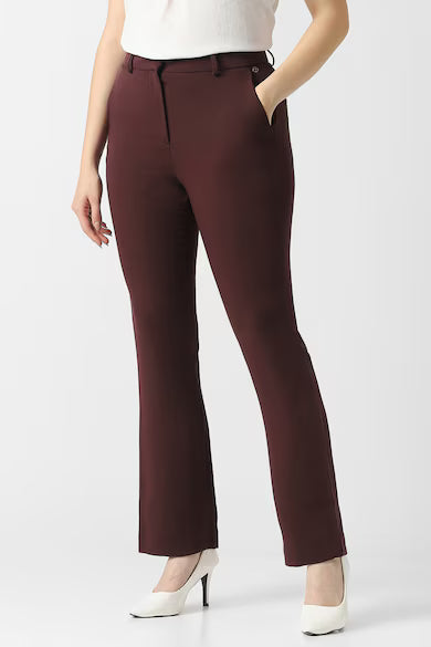 VAN HEUSEN Women Maroon Solid Formal Trousers