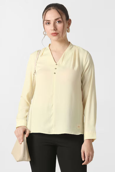 VAN HEUSEN Women Yellow Textured Formal V Neck Top