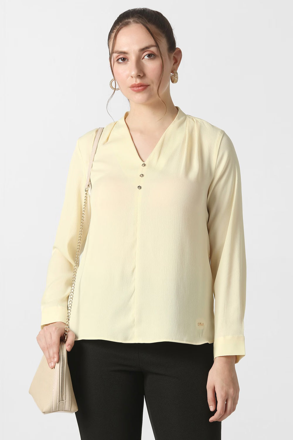 VAN HEUSEN Women Yellow Textured Formal V Neck Top