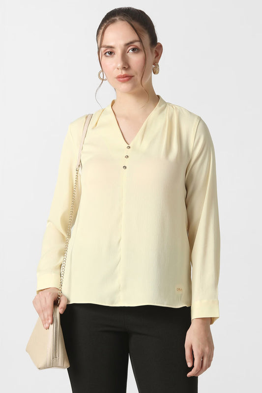 VAN HEUSEN Women Yellow Textured Formal V Neck Top