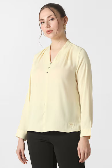 VAN HEUSEN Women Yellow Textured Formal V Neck Top