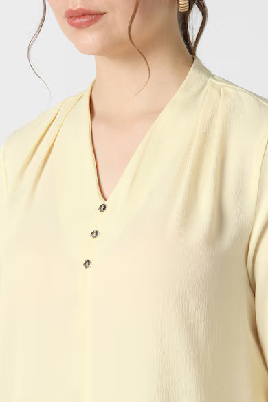 VAN HEUSEN Women Yellow Textured Formal V Neck Top