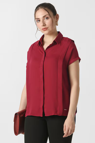 VAN HEUSEN Women Maroon Solid Short Sleeves Formal Shirt Top